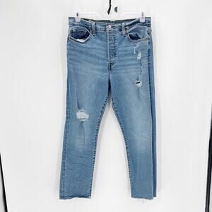 Levi’s wedgie straight raw hem distressed stretch jeans size 32 light wash
